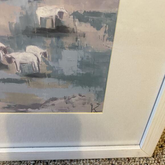 Vintage Abstract Painting ArtPrint Mountain Valley Landscape White Sheep Or Cow - Picture 3 of 6